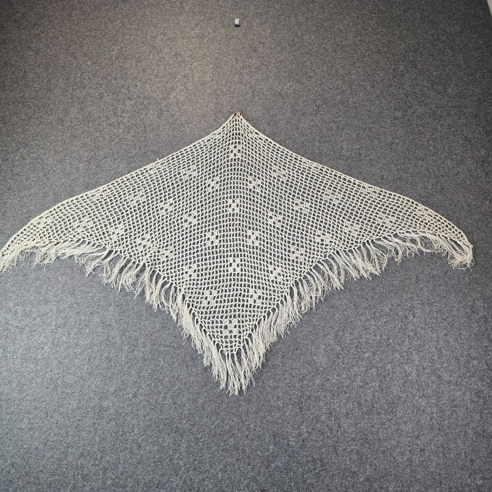 Manos Artesanas Shawl Wrap Womens Beige Crochet Open Knit Triangle Fringe Hem